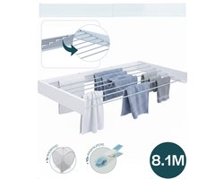 BAUER & MEYER® Wanddroogrek XXL 116cm - Droogrek Inklapbaar - Incl. 10 wasknijpers + 1x wasmand - Wasrek - 8.1 Meter drooglengte - Wit