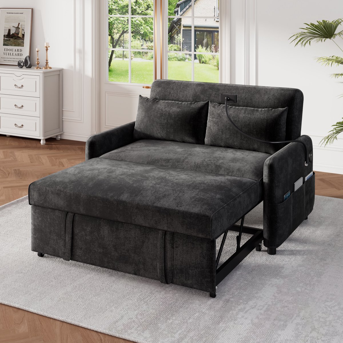 OKWISH Slaapbank - Inklapbaar Loungesofa Met USB Oplaadpunt En Rollen - Verstelbare Rugleuning - Moderne Stijl - 129×76×81 cm - Chenille - Grijs