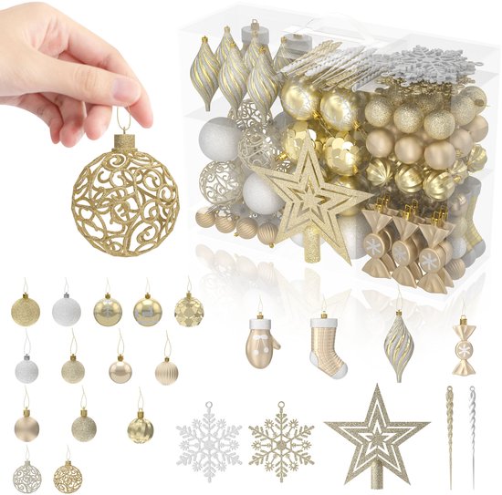 Aufun Kerstballen – Kunststof 138 stuks – Champagne – Hangende Kerstboomversiering