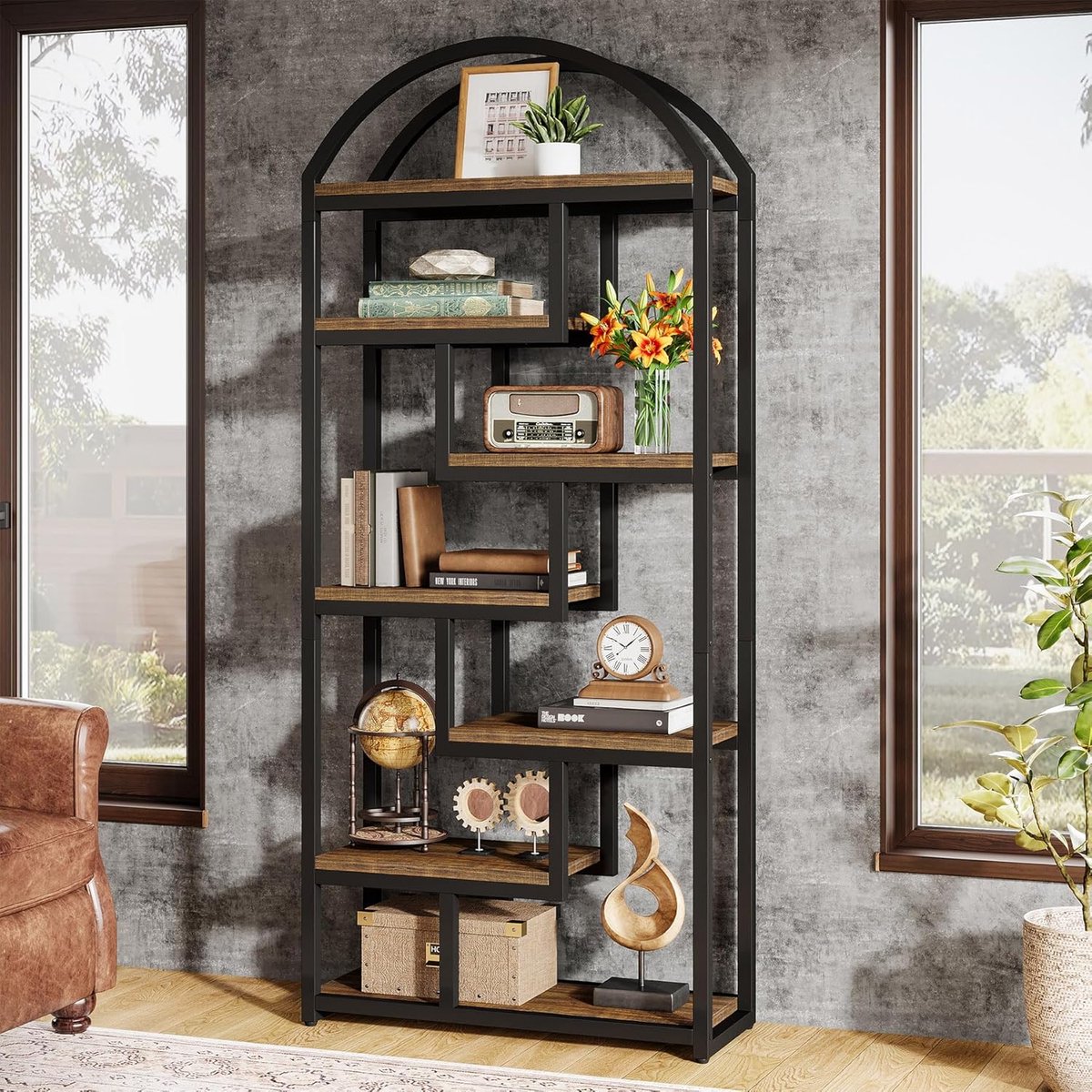 Tribesigns Boekenkast - Boekenkast met 7 Planken - Geometrische Boekenkast met Open Compartimenten - Spaanplaat - Bruin - 80 x 30 x 180 cm
