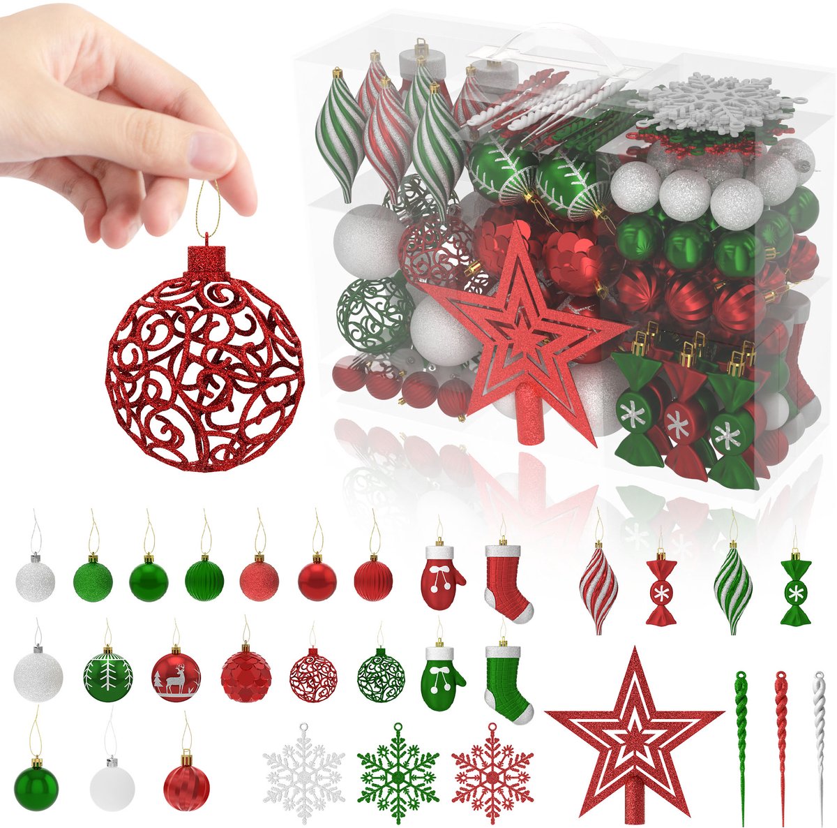 Aufun Kerstballen - Kunststof - 138 stuks - Gemengde kleuren - Hangende kerstboomversiering