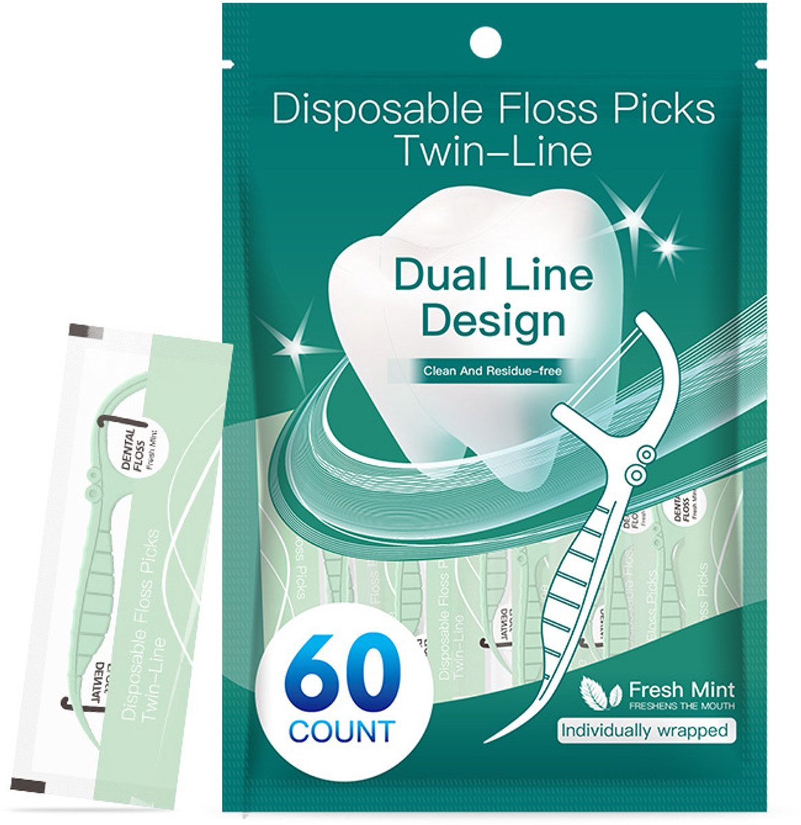 Gloovon® - Tandenstokers - Flosser - Mondverzorging - Dubbele tandfloss - Voor onderweg - Set van 3 dozen (60 stuks per doos) – Totaal 180 stuks