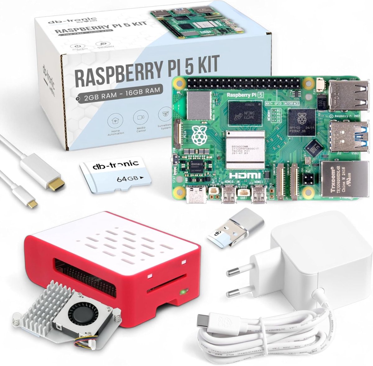 Raspberry Pi 5 4 GB koelingsset | 64 GB-editie | Officiële voeding 27 W | Behuizing met luchtstroom | Actieve koeler | Micro-HDMI-kabel 1 m