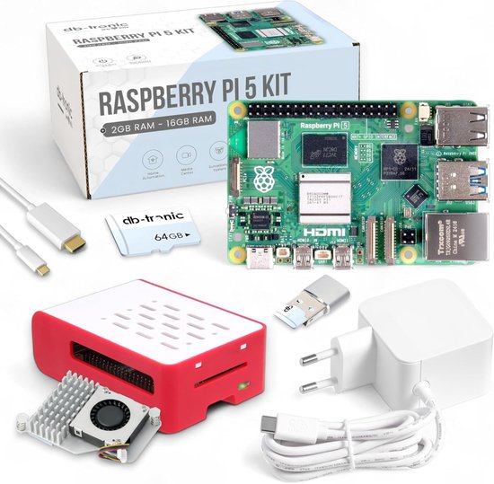 Raspberry Pi 5 4 GB koelingsset | 64 GB-editie | Officiële voeding 27 W | Behuizing met luchtstroom | Actieve koeler | Micro-HDMI-kabel 1 m