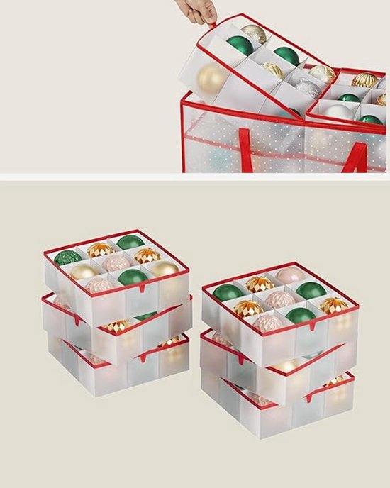 Grote opbergdoos voor kerstballen met dubbele ritssluiting - Houdt 128 ballen, decoraties, accessoires en ornamenten, sterk plastic doos met 7,6 cm kubussen