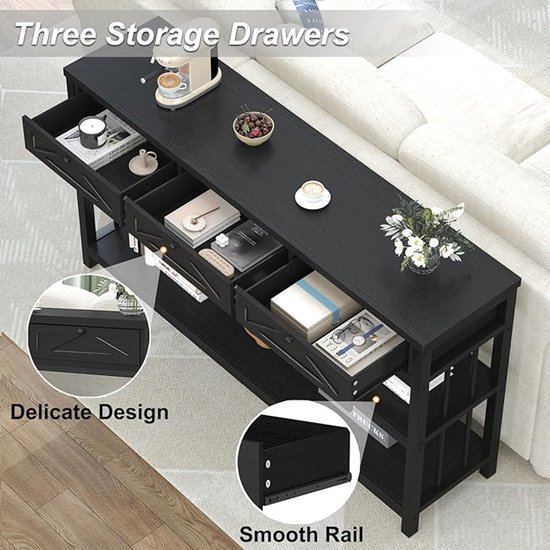 Consoletafel met Laden en Opbergruimte – HomeByNicole 3-Lade Industrieel Zwarte Gangtafel met Planken – Rustiek Hout en Metaal – 140 cm – Woonkamer, Hal of Achter de Bank