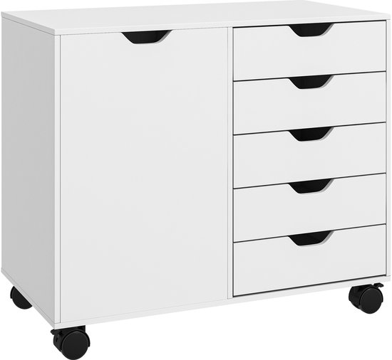 Witte archiefkast met 1 deur en 5 laden, op zwarte wielen.