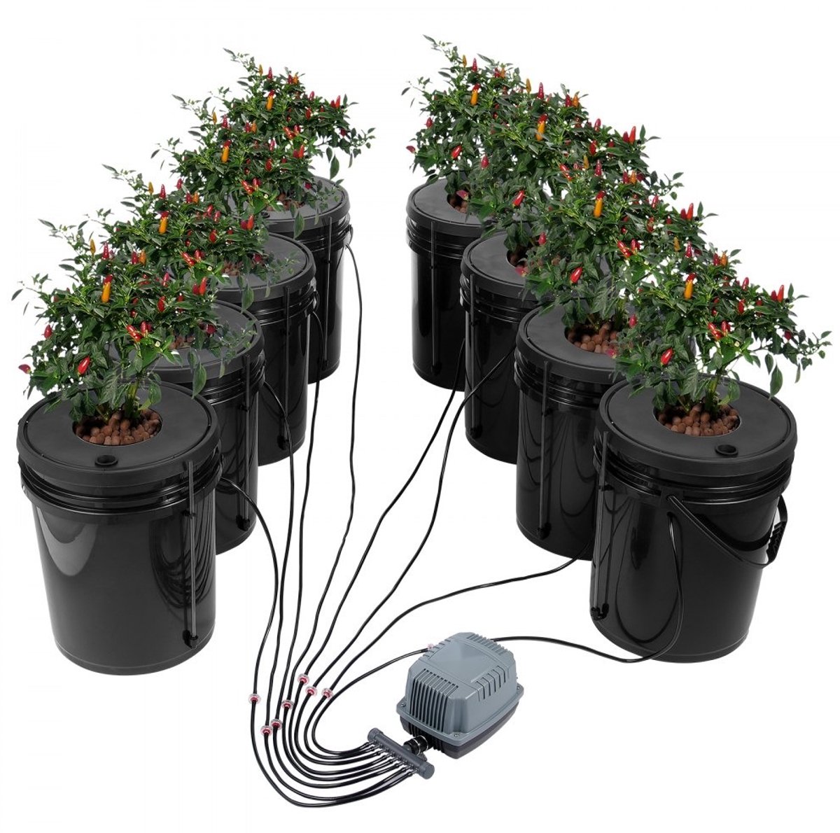 Hydroponisch Kweeksysteem - DWC Diepwatercultuur Set - 8 Emmers 19 L - Met Luchtpomp en Luchtstenen - Waterniveau-indicator - Voor Bladgroenten