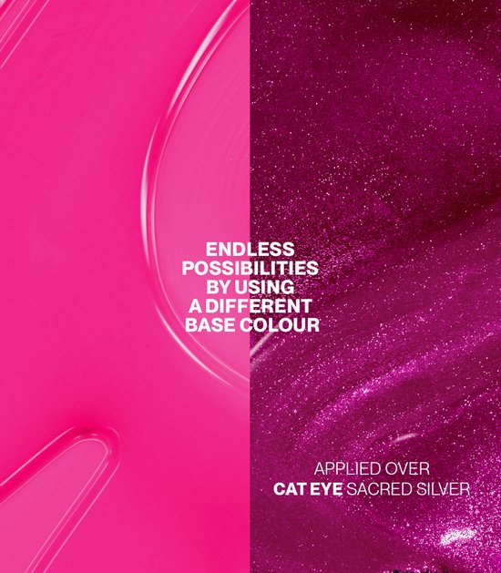 Twee texturen van roze en paars glitter gellak met tekst over eindeloze mogelijkheden.