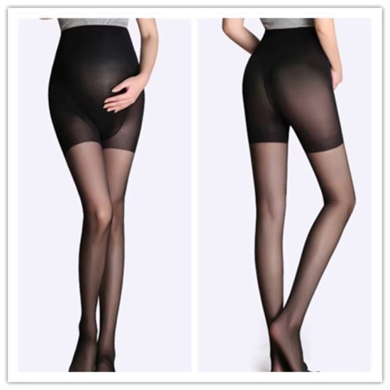 Zwarte zwangerschapspanty, model draagt de panty met de buik zichtbaar. Achterkant van de panty te zien.