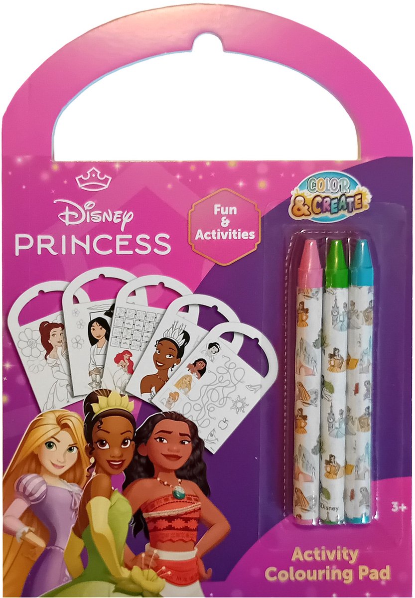 Disney Princess - Mini activiteiten boek - 5 kleurplaten - 5 puzzels - 10 blanco pagina's - 3 waskrijtjes in roze,groen en blauw - 3+ - knutselen - prinsessen