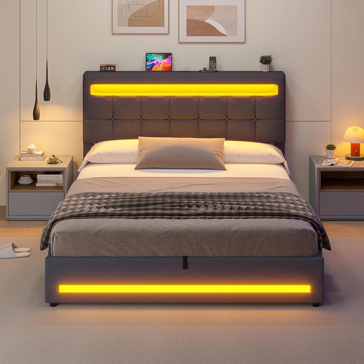 Gestoffeerd Tweepersoonsbed 140 x 200 cm met LED-verlichting, Oplaadstation, Hydraulische Opbergruimte en In Hoogte Verstelbaar Hoofdeinde, Lattenbodem, Linnen, Modern Design