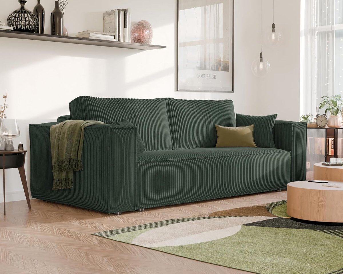 Slaapbank 3-Zitsbank Groen Ribfluweel met Opbergruimte & Slaapfunctie – Luxe Uitklapbare Bank 200x155 cm – Houten Frame, Modern Design, Comfortabel Zit- en Ligbed – Ganeey