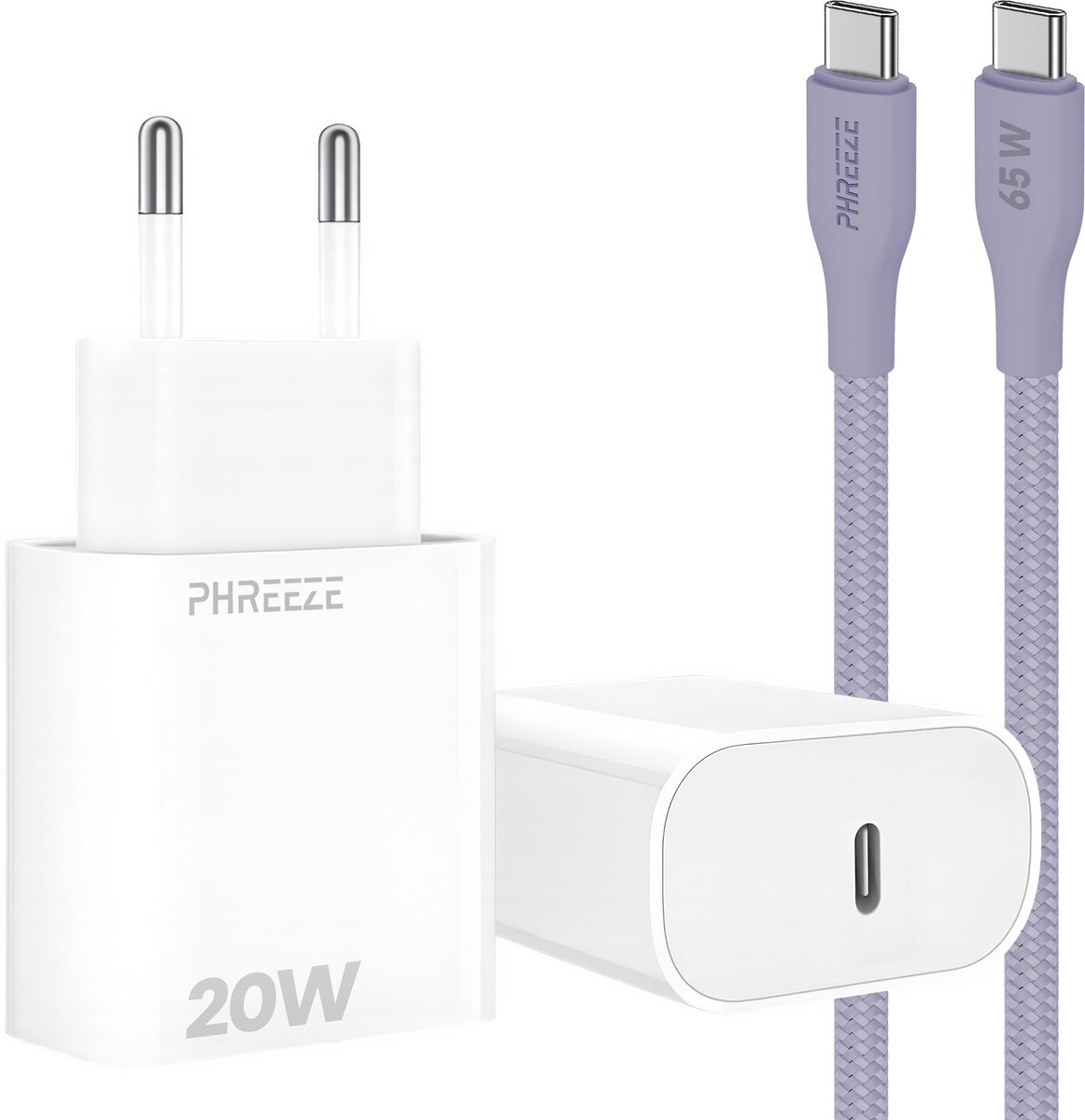 Power Delivery oplader met 20w usb C poort - Usb C kabel 1m paars - Usb C naar usb C