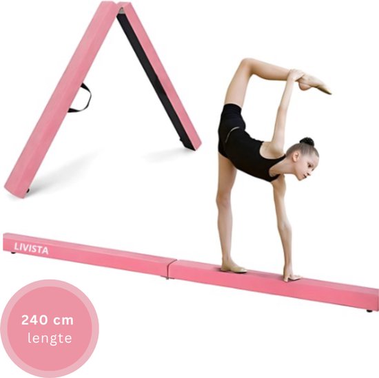 Meisje in sportkleding oefent op een roze Livista balk van 240 cm.
