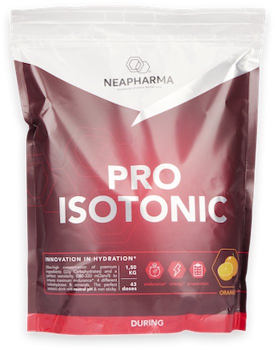 Een zak Neapharma Pro Isotonic poeder in sinaasappel smaak.