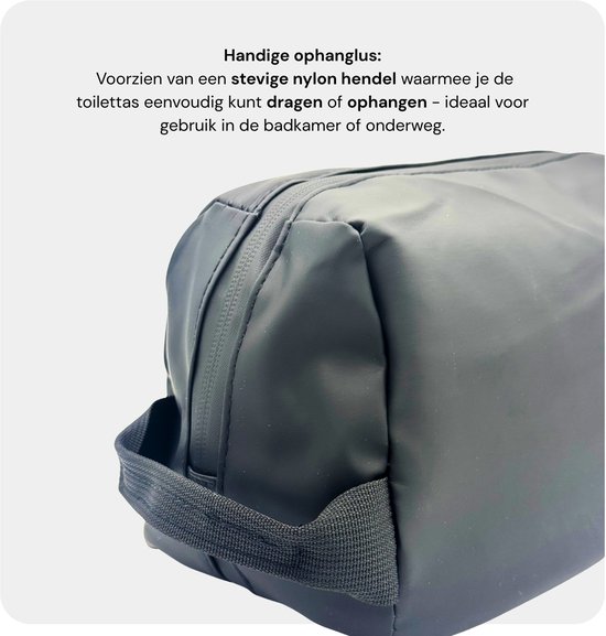Zwarte toilettas met stevige nylon lus om op te hangen.