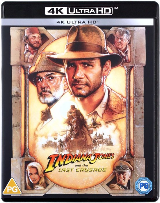 De voorkant van de 4K Ultra HD Blu-ray van Indiana Jones en de Laatste Kruistocht met een poster met Harrison Ford, Sean Connery en anderen.