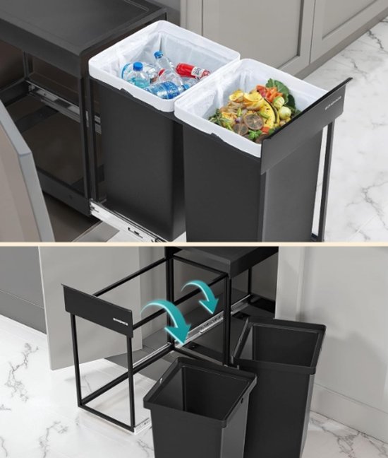 KuKoo Poubelle Cuisine 90L - Double Poubelle Recyclage Sous Comptoir 2x45L Fermeture Douce