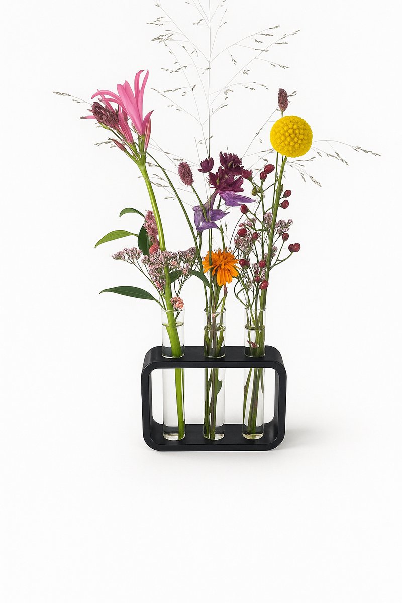Moderne Zwarte Houder met 3 Glazen Vaasjes – Decoratief Planten- & Bloemenrek voor Stekjes, Droogbloemen en Interieurstyling