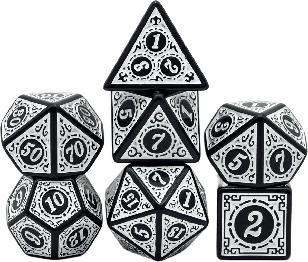 Dobbelstenen Set 7-delig – Wit Zwart D20 D12 D10 D8 D6 D4 – Voor RPG & Tafelspellen