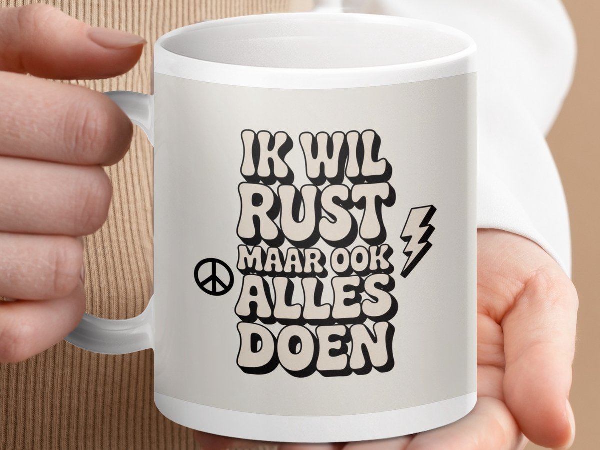 Mok Ik Wil Rust Maar Ook Alles Doen, retro vibes mok, Grappige tekst mok, koffie mok, thee mok, leuk cadeau idee, perfecte mok