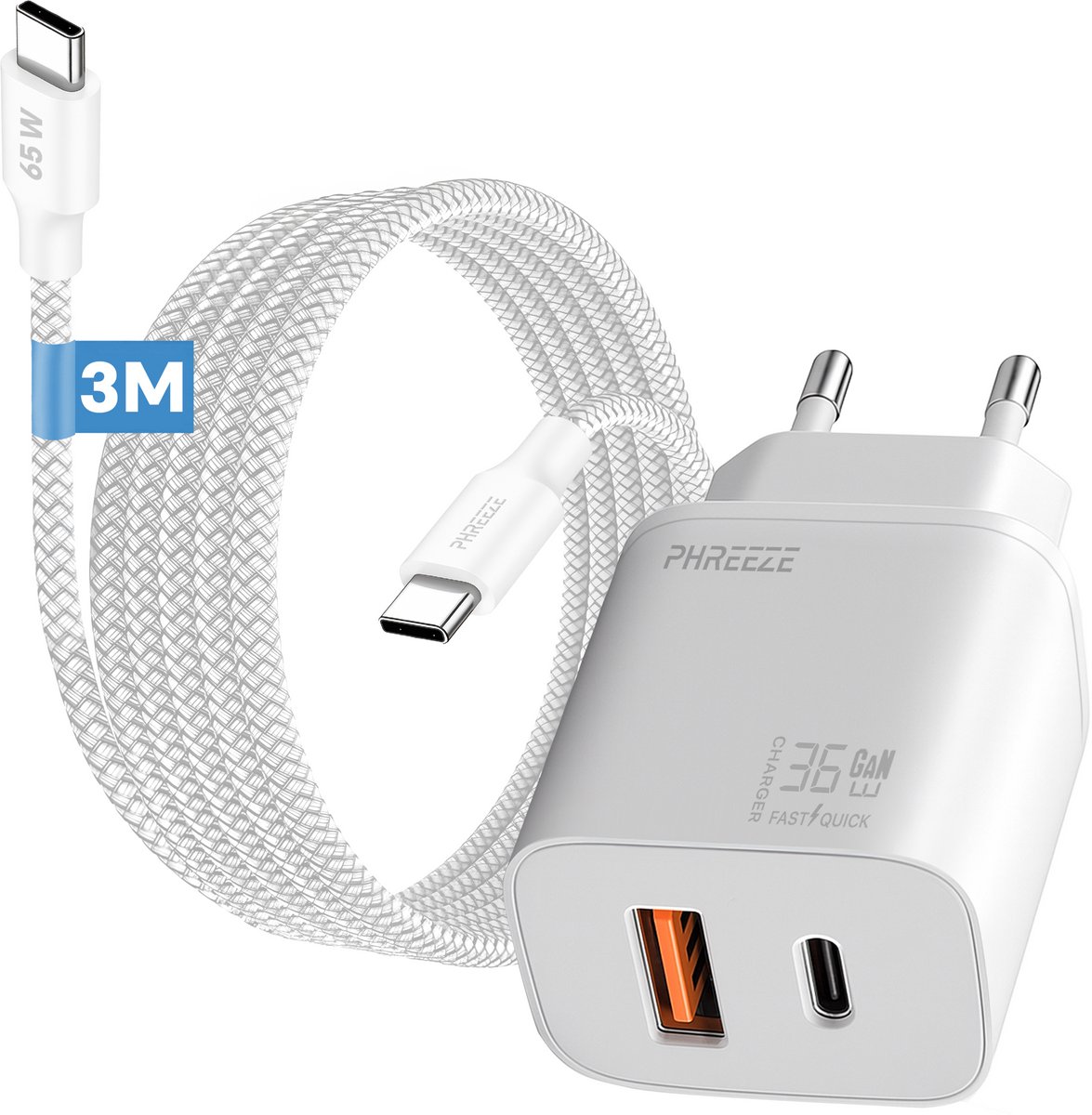 Power delivery oplader met usb C en usb A poorten met usb C naar usb C kabel 3m - GaN charger 35w