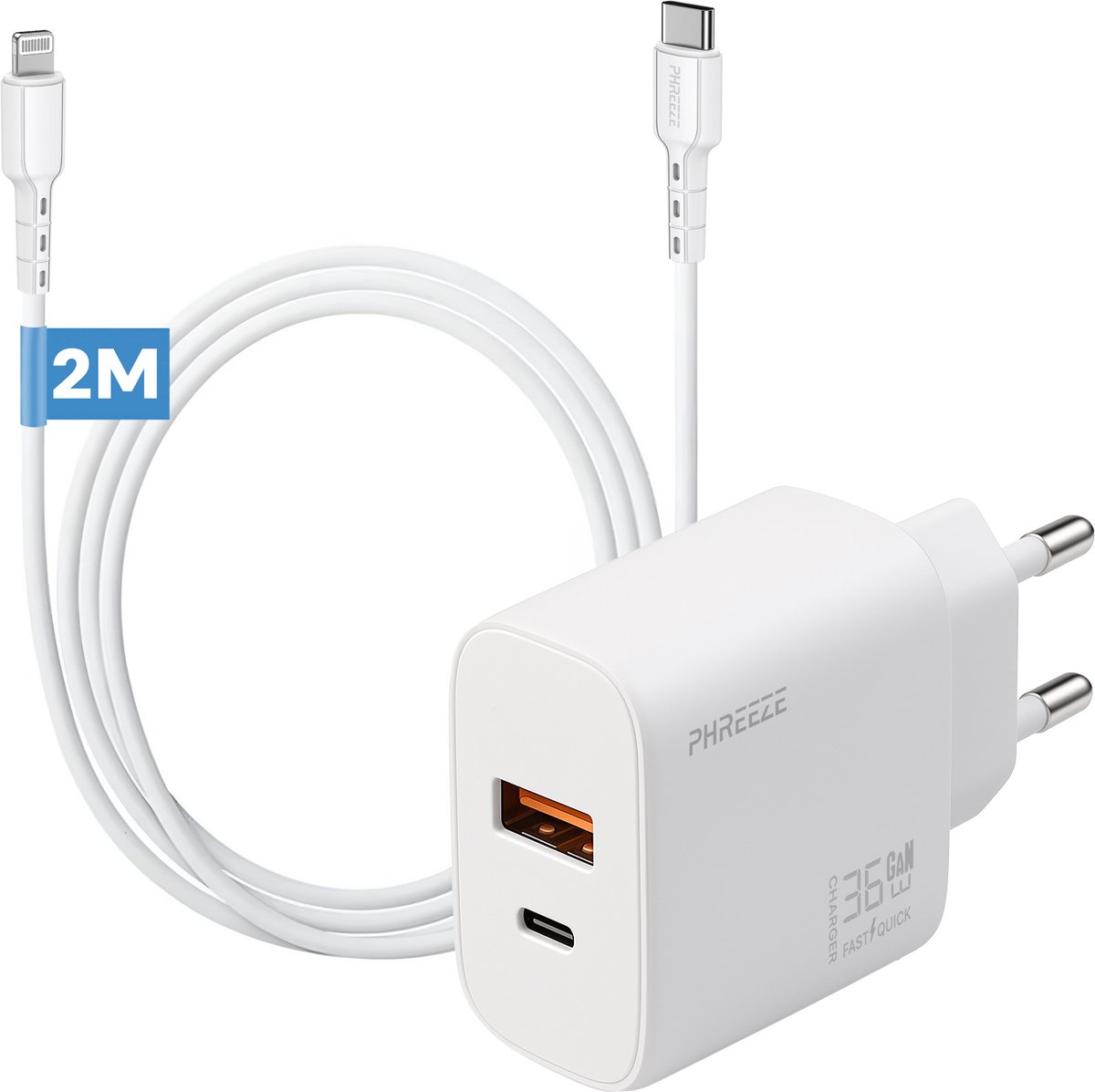 35w usb C lader met lange oplaadkabel geschikt voor iPhone 14 13 12 11 X - Snellader - Power adapter met 2 poorten en usb C kabel