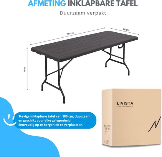 Livista Luxe Klaptafel 180x70 cm - Inklapbare Tafel - Opvouwbare Campingtafel & Stevige Tuintafel - Draagkracht tot 250 kg - Vouwtafel - Antislip en Weerbestendig -Handig voor Feest, Tuin of Camping van Livista — afbeelding 5