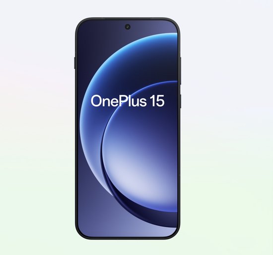OnePlus 15 telefoon met blauw scherm met cirkels en tekst.