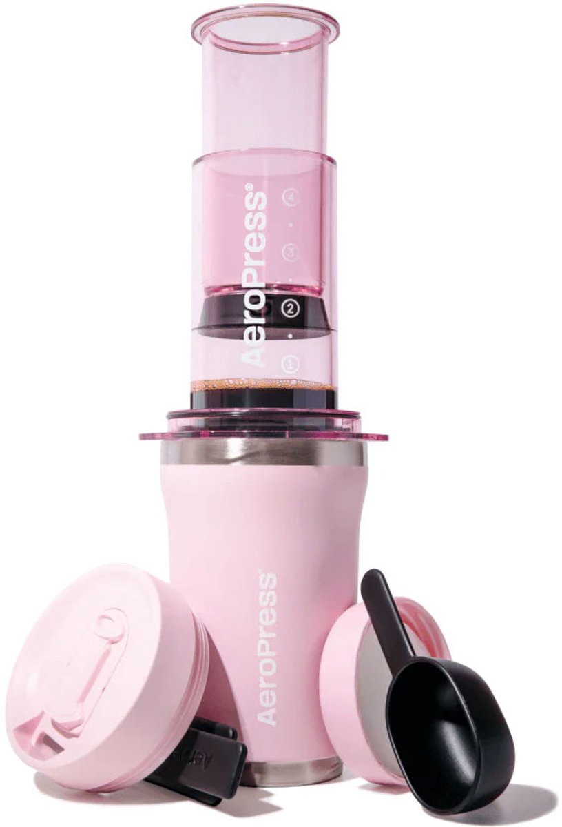 AeroPress Go Plus Roze Koffiezetter met Thermobeker & Filters