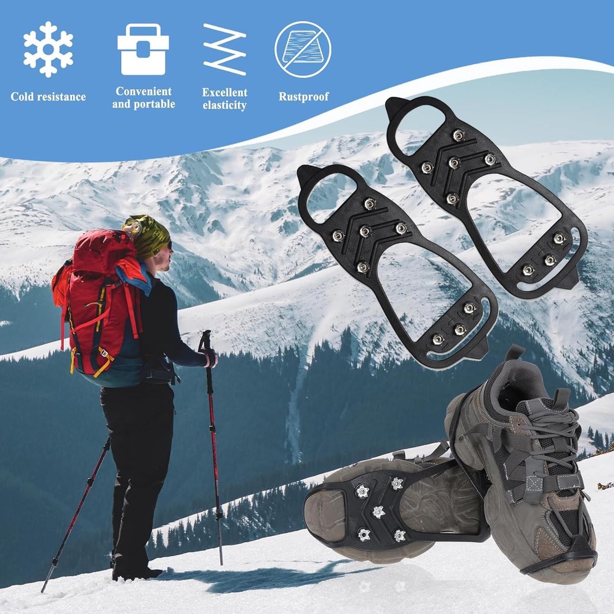 Candala Anti-slip schoenspikes klimijzers voor bergschoenen met 8 tanden spikes voor schoenen schoenenklauwen antislip spikes voor wandelen sneeuw ijs winter outdoor trekking Zwart