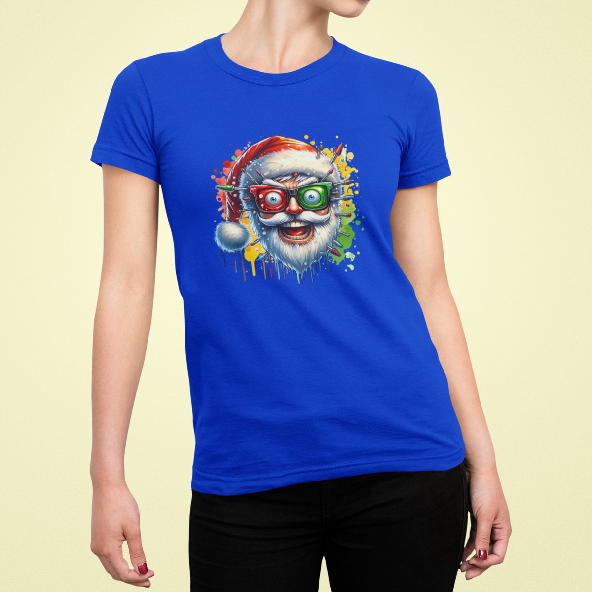 Electric Santa - T-shirt Vrouw - T-shirt Blauw - Kerst T-shirt - Maat S - Kerst Cadeau Vrouwen - Limited Edition