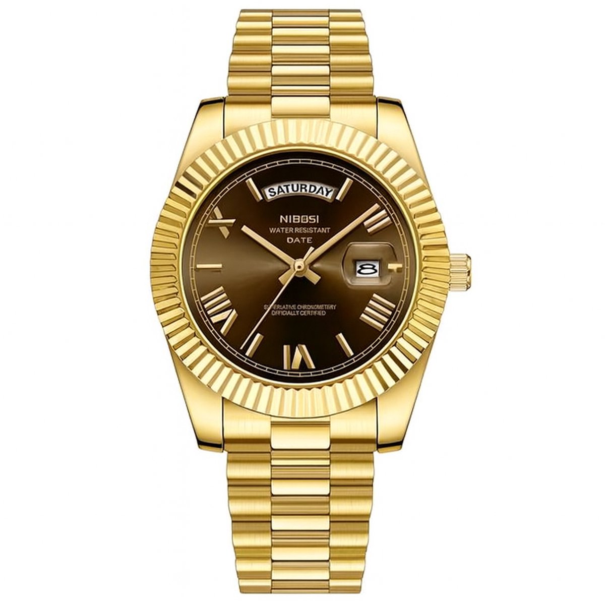 Nibosi - Herenhorloge - Polshorloge - Heren - Horloge - Horlogedoos - Mannen - Geelgoud Chocolate Dial - RVS