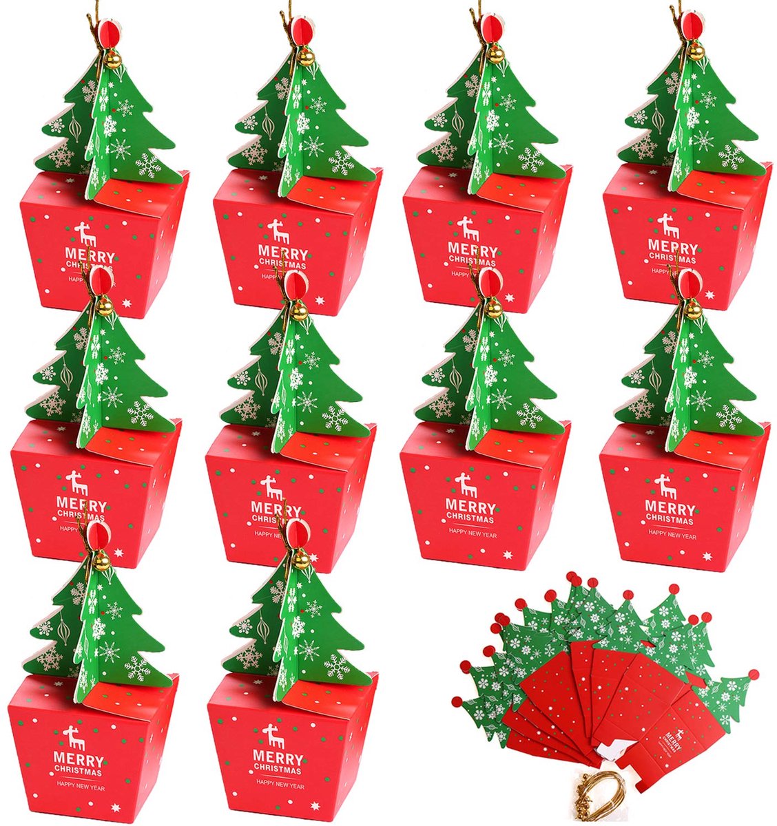 10 stuks - Geschenkdoos - Kerstversieringen - Kerstcadeauverpakking - Geschikt voor Kerstmis - Kerstboom en klokken - Feestelijke cadeaus - Rood + groen