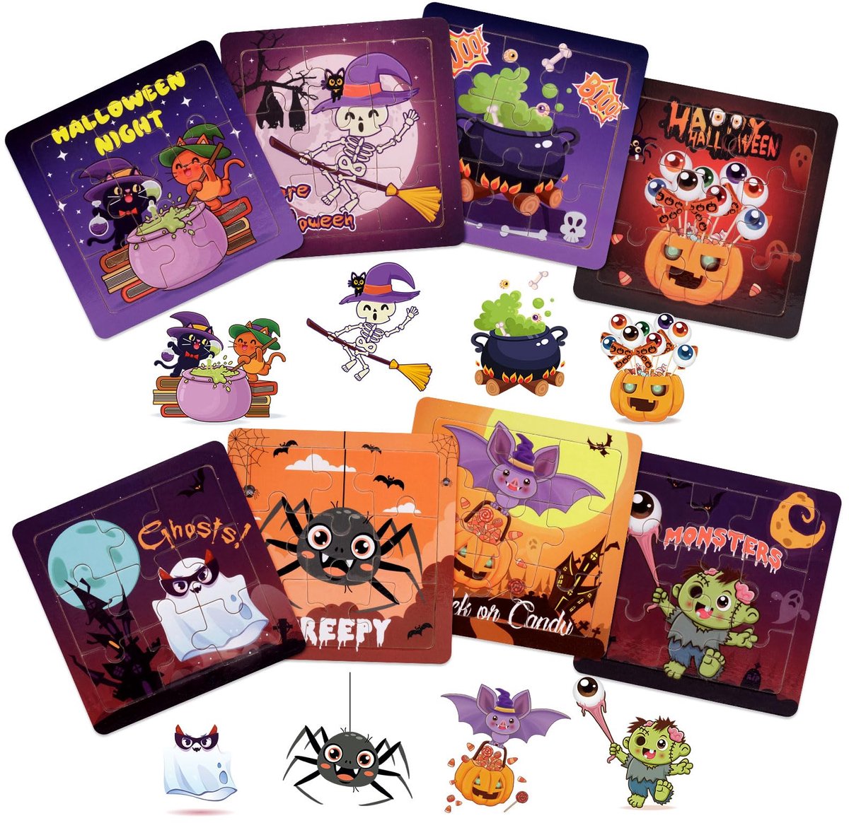 8 Pieces Halloween Puzzles, Halloween Wooden Toys Halloween Wooden Puzzles Halloween Gifts Puzzle for Halloween Kids Gifts Toys Party Supplies