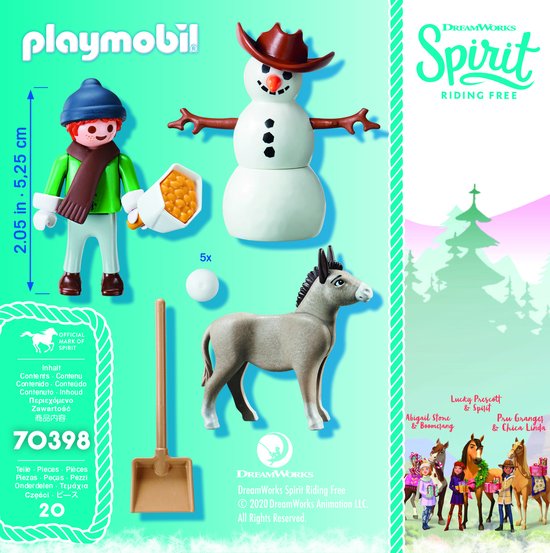 Playmobil Spirit speelgoedset met een sneeuwpop met cowboyhoed, een ezel en een figuurtje met winterkleding.