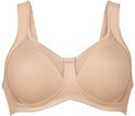 Beige beugel-loze beha met brede schouderbanden, semi-transparante mesh inzetstukken en een strikdetail middenvoor.
