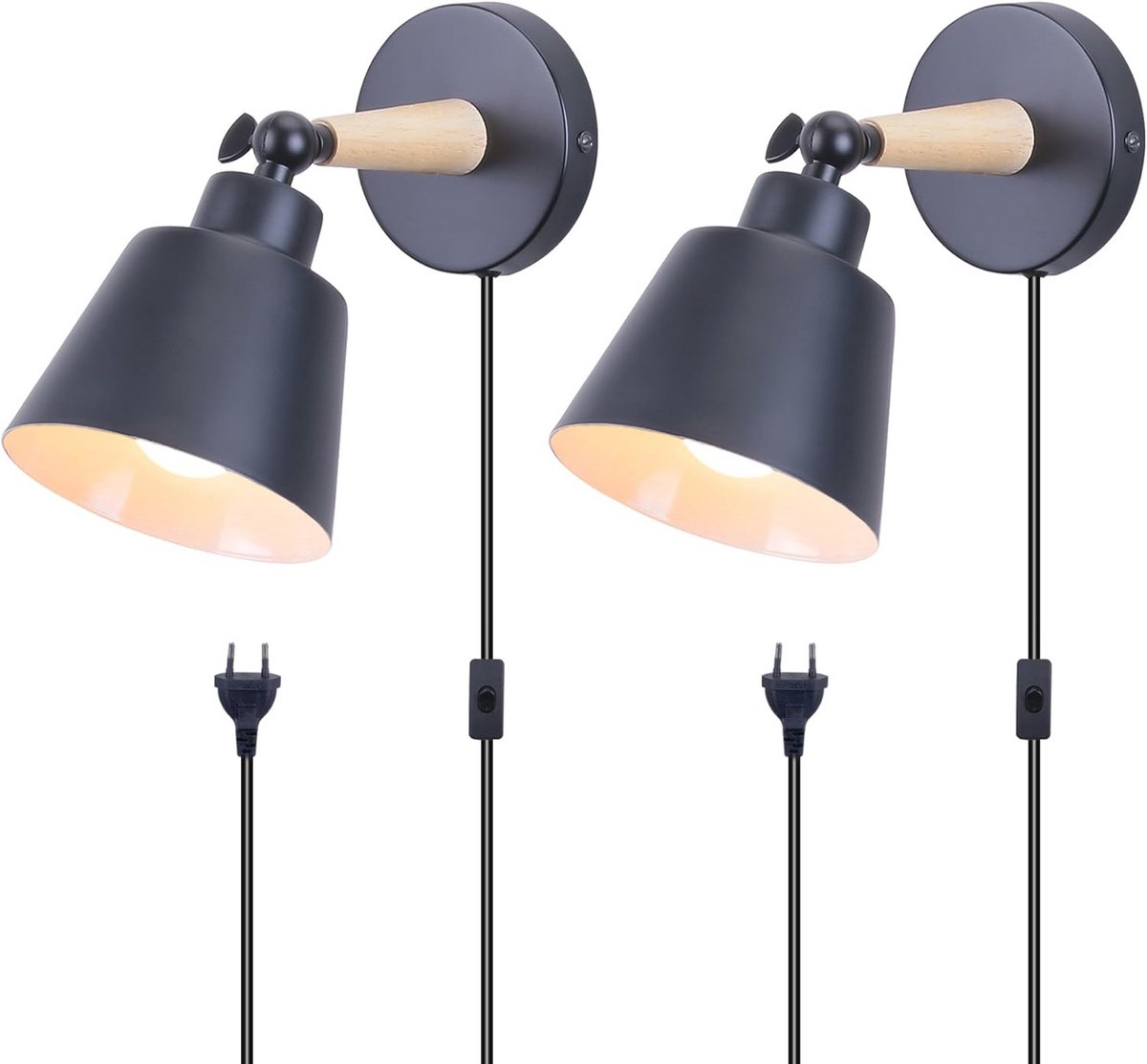 Moderne wandlampen van metaal en hout voor binnen, E27-fitting verstelbare wandverlichting (2 stuks)