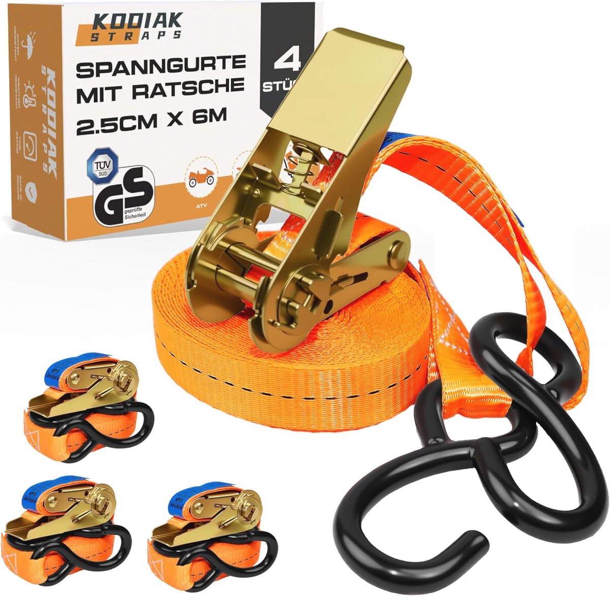 Spanbanden 4 stuks 6 m x 800 kg met ratel en S-haak voor ladingbeveiliging