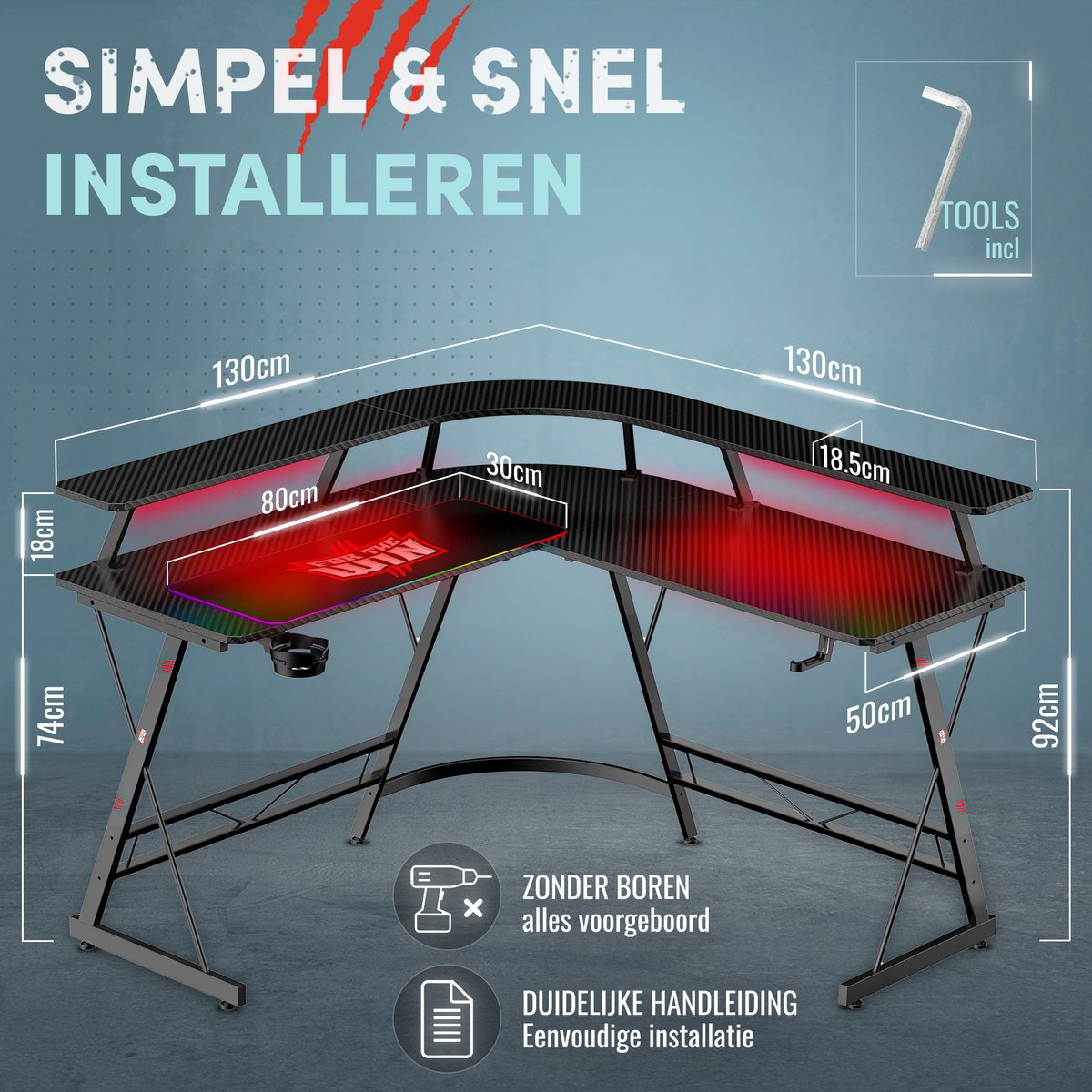 For The Win Hoekbureau - L-Vormig Game Bureau - 130x130x74 cm - Gaming Bureau met LED Verlichting - Incl. RGB Muismat - Monitor Standaard - Gaming Desk - Computer Tafel - Gaming Tafel