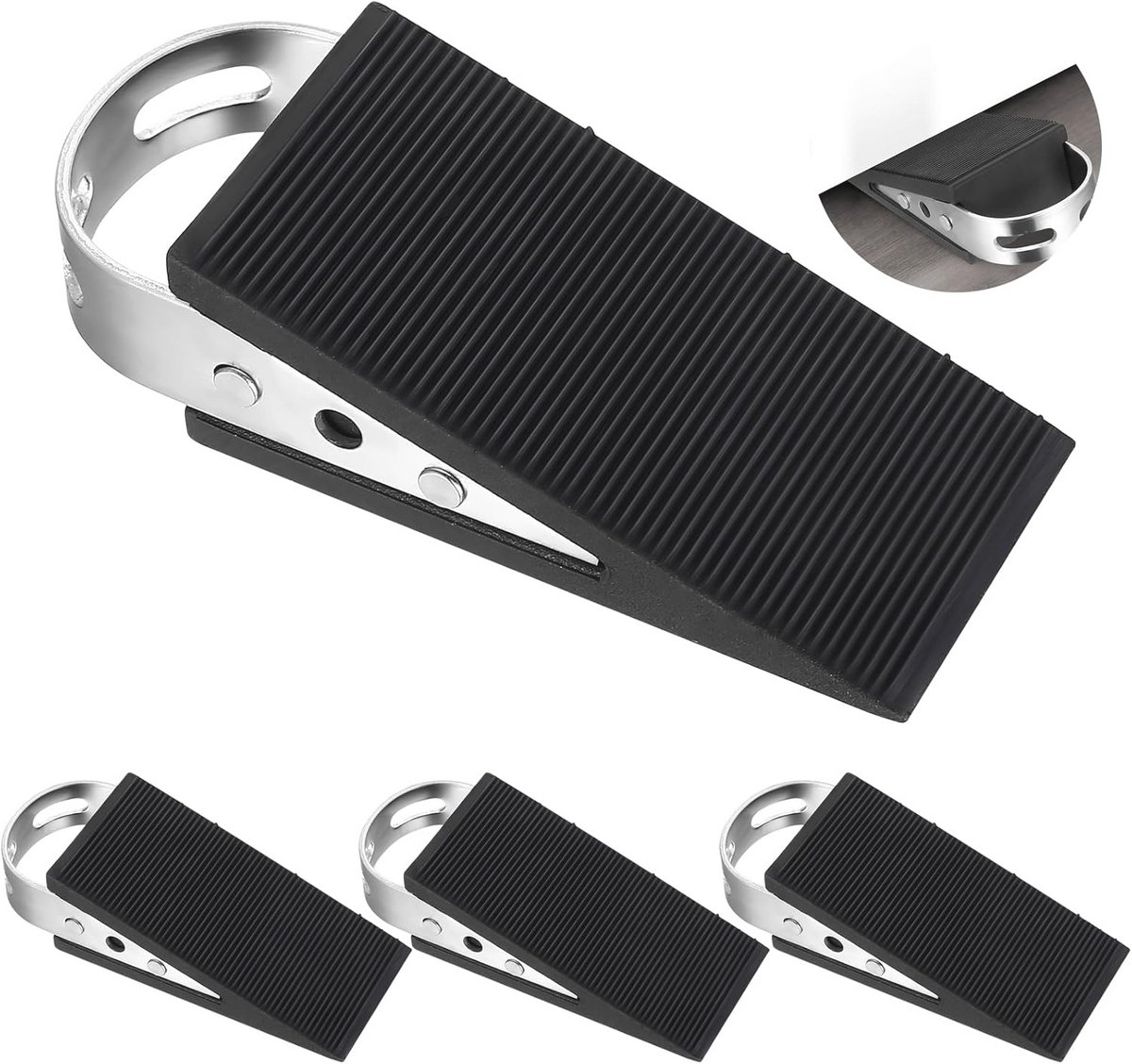 Deurwiggen set van 4, antislip rubberen deurstoppers met roestvrijstalen handgreep, ideaal voor thuis, kantoor en hotel
