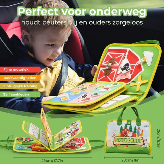Een peuter in een autostoel kijkt naar een groen Montessori-bord. Afmetingen 45cm/17.7in, 21cm/8.3in, 28cm/11in. Tekst: "Perfect voor onderweg"