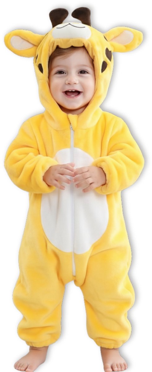 BoefieBoef Dieren Kleuter Onesie Peuter Pyjama Kinderen 2 tot 4 jaar – Verkleedkleding met Luierrits – Carnaval Dierenpak - Kerst en Kraamcadeau - Zacht Flanel - Baby Romper - Boxpak - Jongens - Meisjes - Kruippak - Winterpak - Giraffe Geel Animal