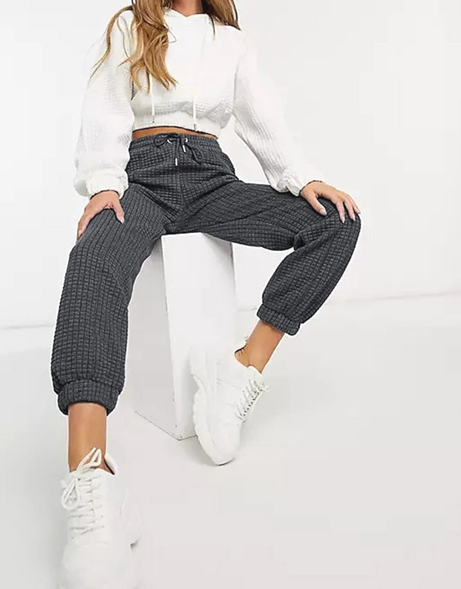 Dames warme waffle joggingbroek - lange baggy sweatpants met zakken en hoge taille voor winter