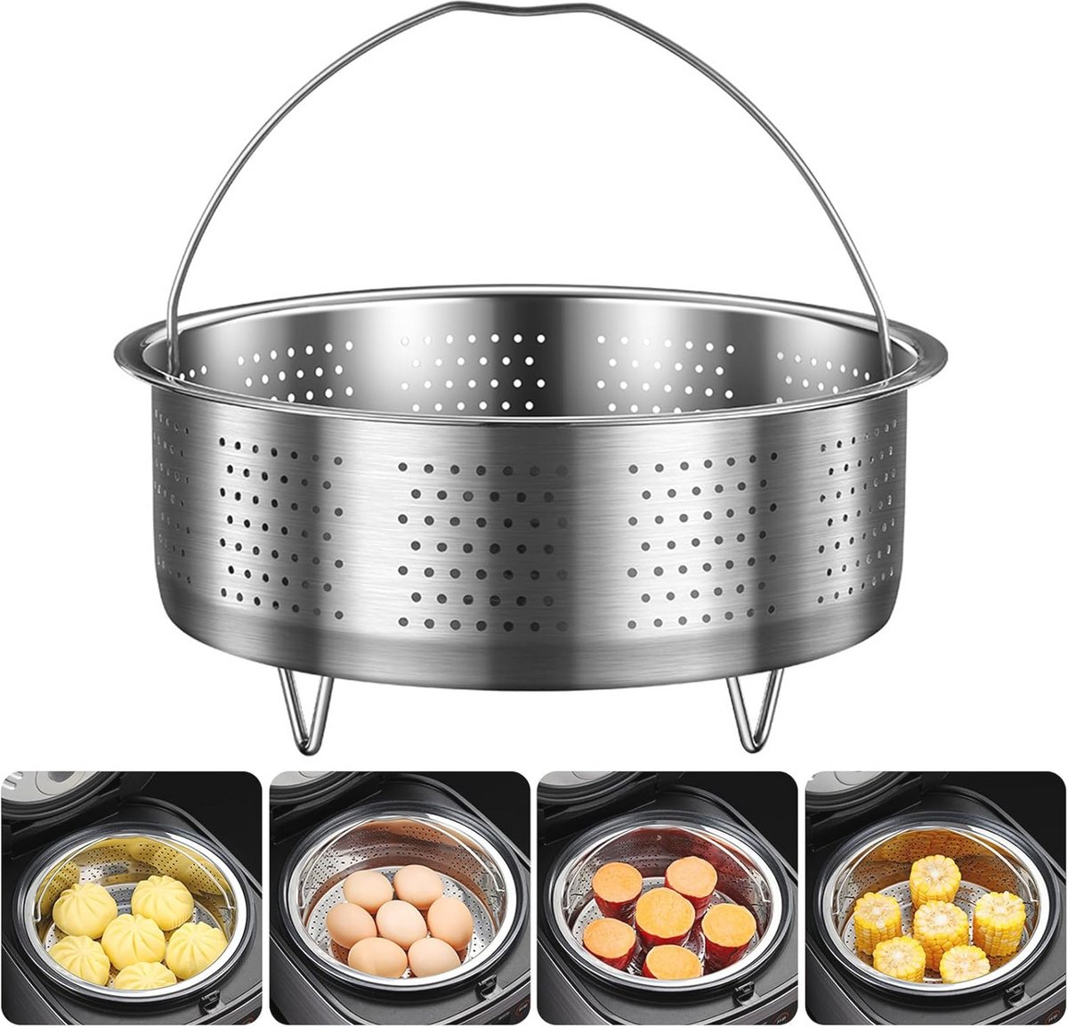 Stoominzet voor Pannen Roestvrijstalen Stoommand met Handvat en Steunpoten voor Groenten Fruit en Eieren (22 cm)