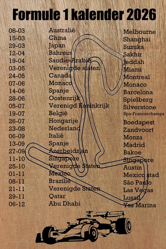 Formule 1 wandbord 26.6 x 40cm - Kalender 2026 - Max Verstappen - FIA race - F1