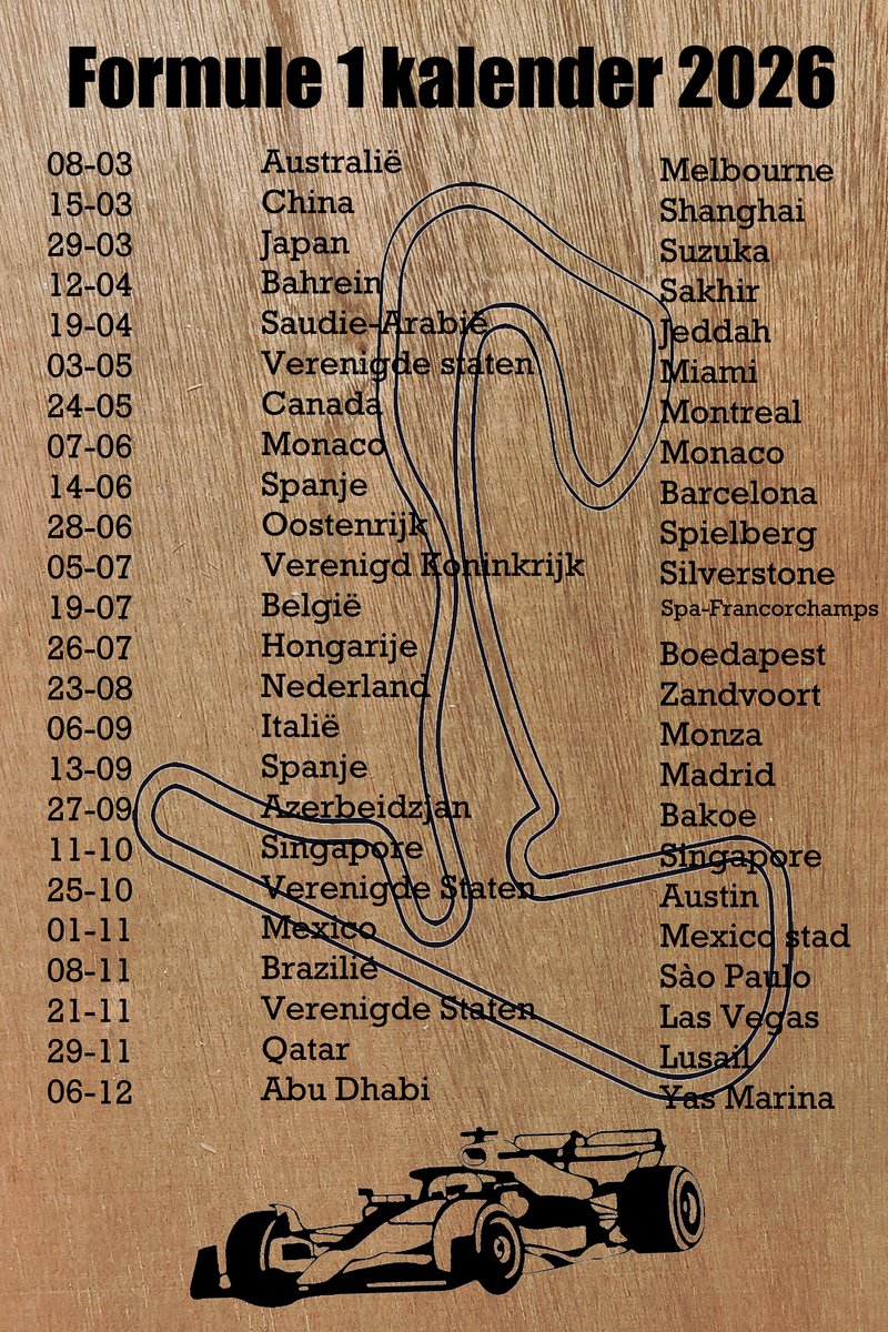 Formule 1 wandbord 26.6 x 40cm - Kalender 2026 - Max Verstappen - FIA race - F1