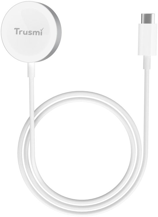 Witte Trusmi magnetische Apple Watch oplader met USB-C kabel, opgerold.