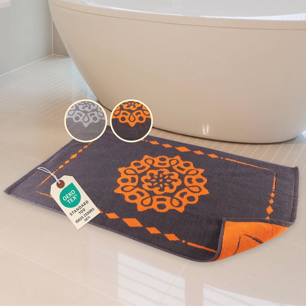 100% Katoenen Badmat Mandala 45 x 80 cm Grijs Oranje Zacht Absorberend Machinewasbaar Douchemat